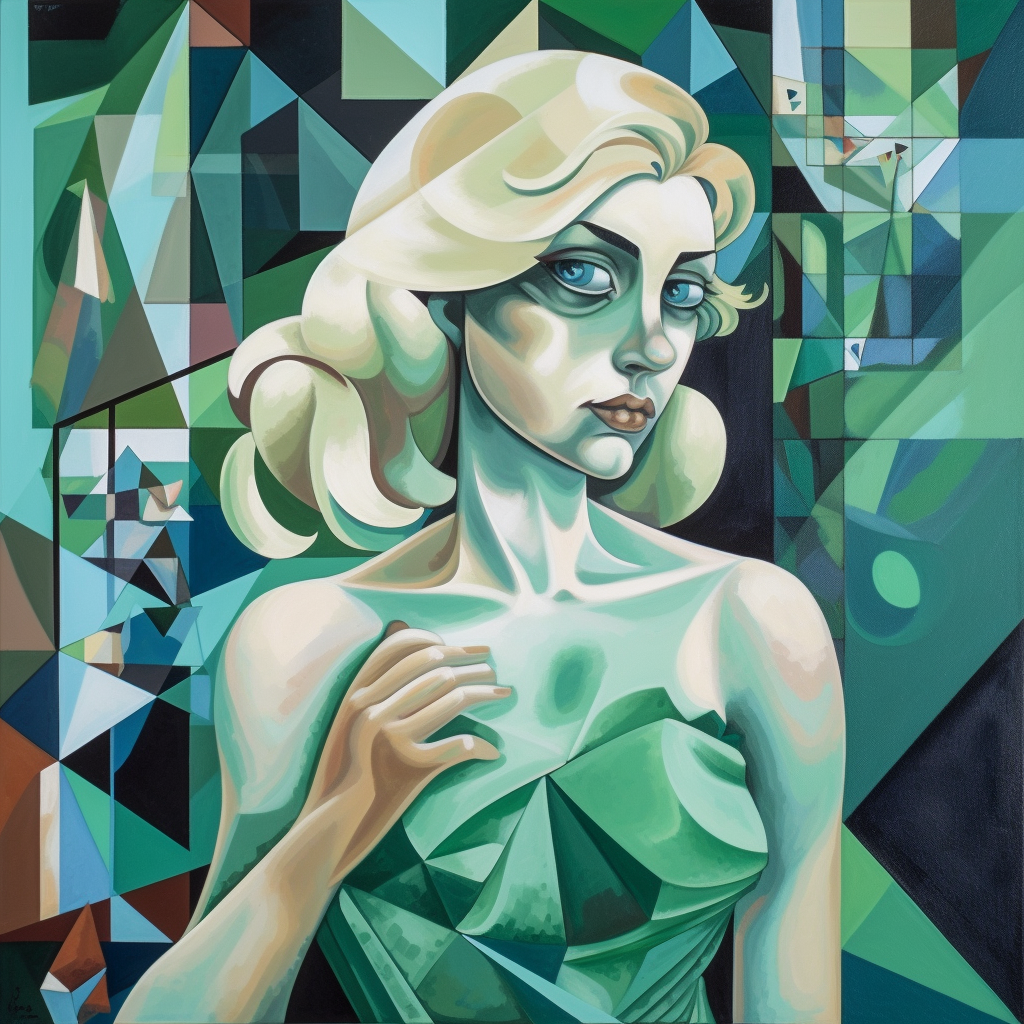 a blond women, with green eyes, and a modern dress, with Style Combine the fragmented geometric forms of cubism with the dreamlike, absurd imagery of surrealism to create a style that challenges traditional notions of reality and perspective. --v 5