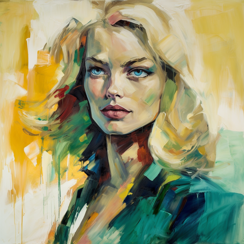 a blond women, with green eyes, and a modern dress, Combine the gestural brushwork and emphasis on color and light of impressionism with the non-representational, experimental forms of abstract expressionism to create a style that captures the essence of a moment or feeling without being tied to a specific subject