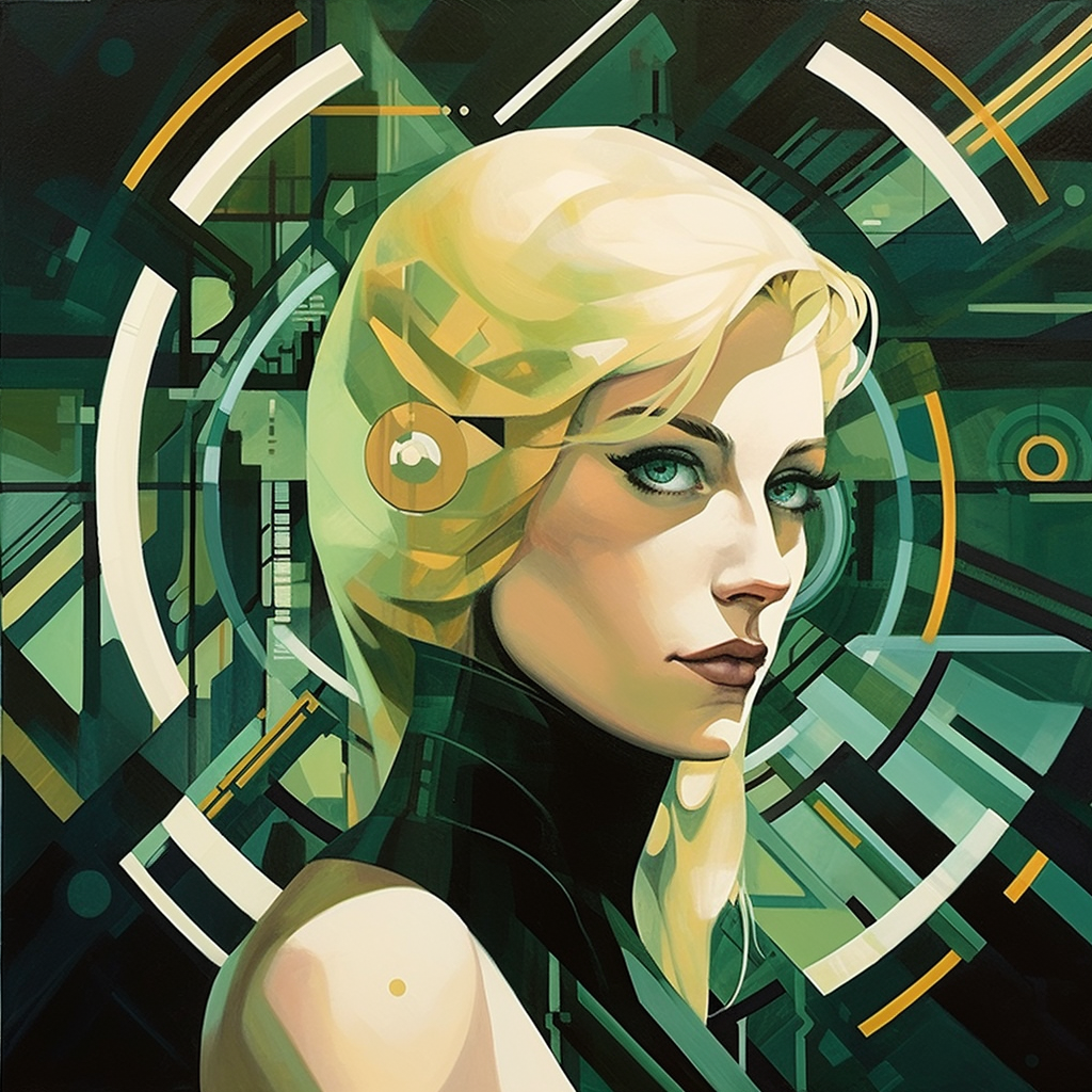 a blond women, with green eyes, and a modern dress, Merge the machine aesthetic and focus on technology of futurism with the geometric abstraction and social utopianism of constructivism to create a style that celebrates human progress and innovation