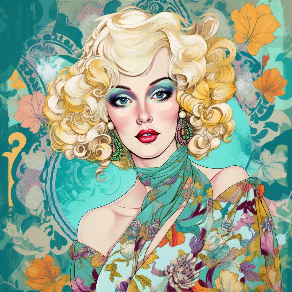 a blond women, with green eyes, and a modern dress, Combine the ornate, decorative style of rococo with the bright colors and playful imagery of pop art to create a style that is both elegant and fun