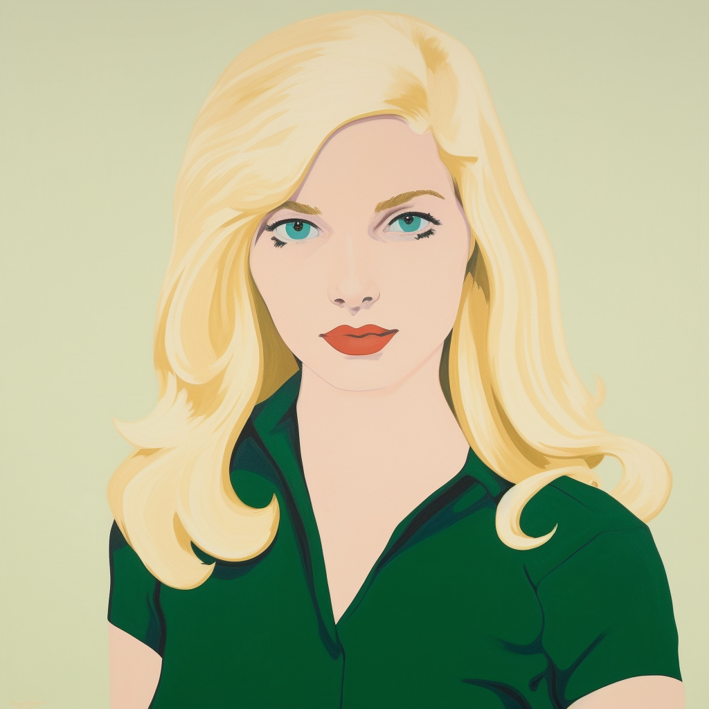 a blond women, with green eyes, and a modern dress, Merge the reductive aesthetic of minimalism with the self-referential, playful sensibility of post-modernism to create a style that critiques the art world while embracing its formal qualities