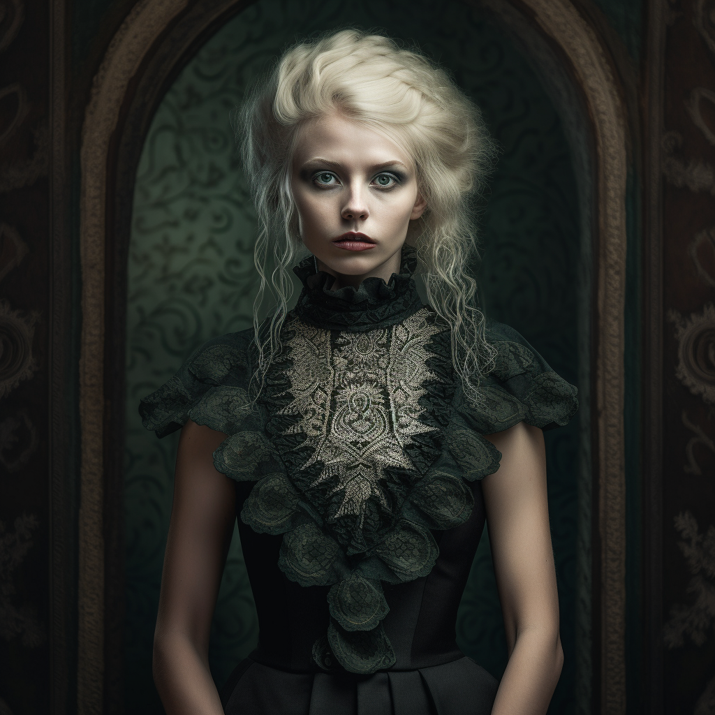 a blond women, with green eyes, and a modern dress, Combine the dark, brooding atmosphere and ornate detailing of gothic art with the eerie, dreamlike quality of surrealism to create a style that is both unsettling and beautiful.