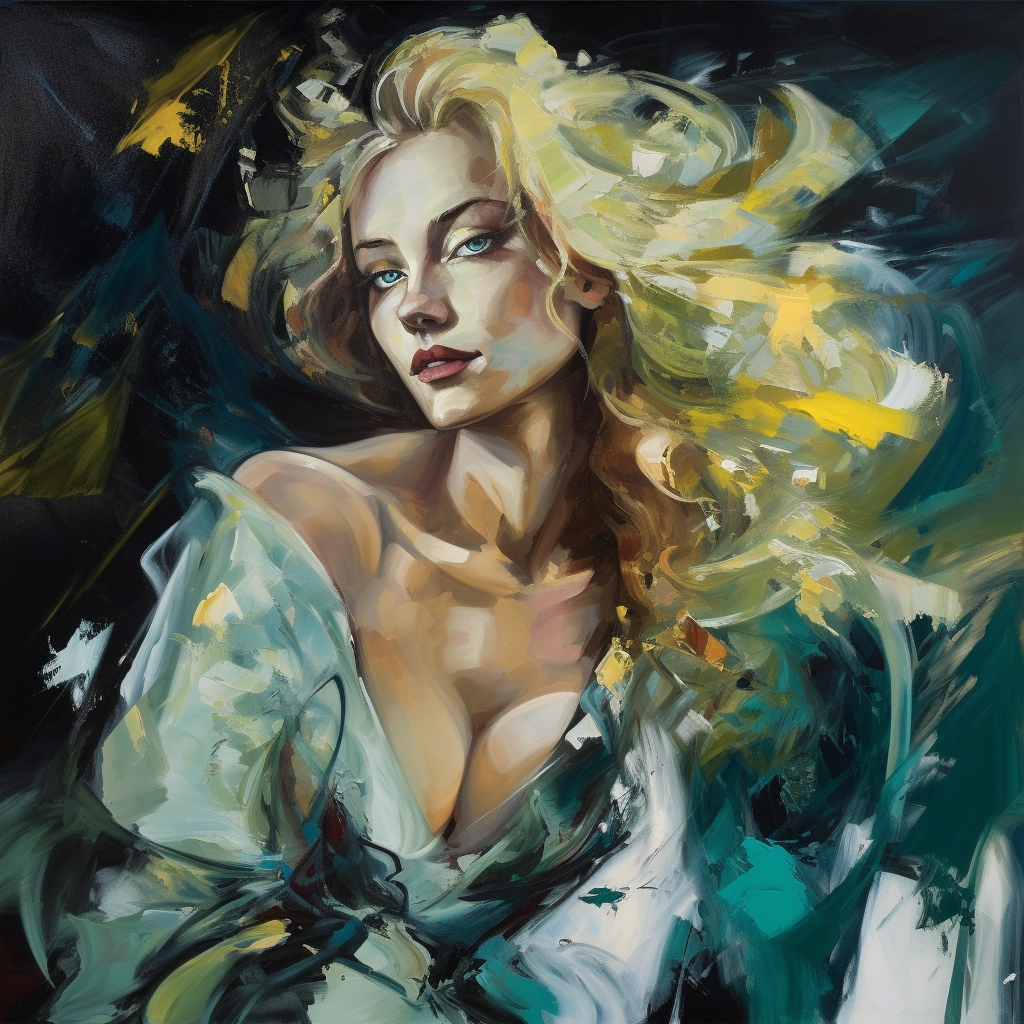 a blond women, with green eyes and a modern dress, Merge the elaborate, dynamic forms and dramatic lighting of baroque art with the non-representational, experimental qualities of abstraction to create a style that is both grand and ethereal.