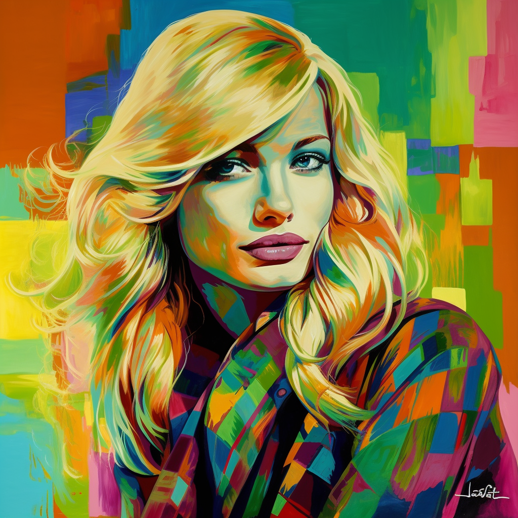 a blond women, with green eyes and a modern dress, Combine the emphasis on mass culture and everyday life of pop art with the emphasis on color and light of impressionism to create a style that captures the fleeting beauty of modern life.