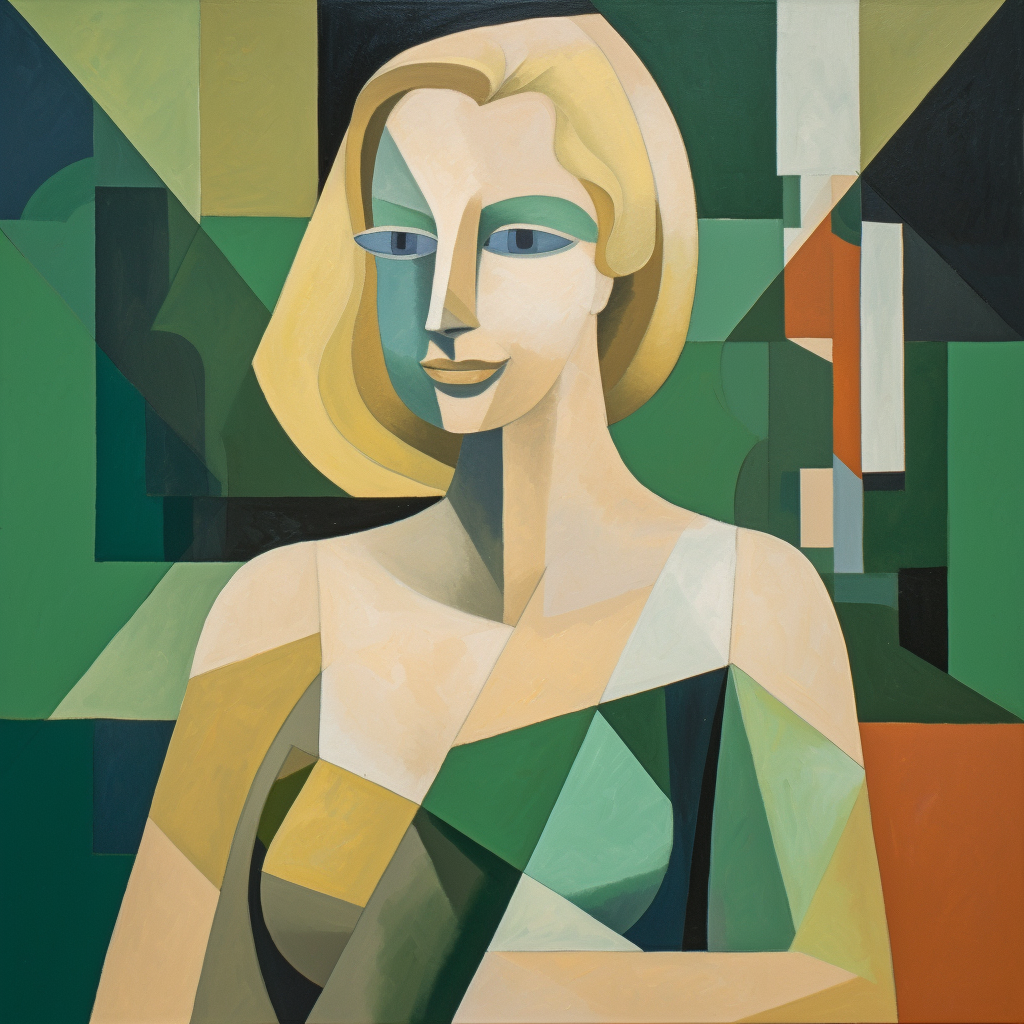 a blond women, with green eyes and a modern dress, Merge the fragmented, geometric forms of cubism with the non-representational, experimental qualities of abstraction to create a style that challenges traditional notions of form and representation.