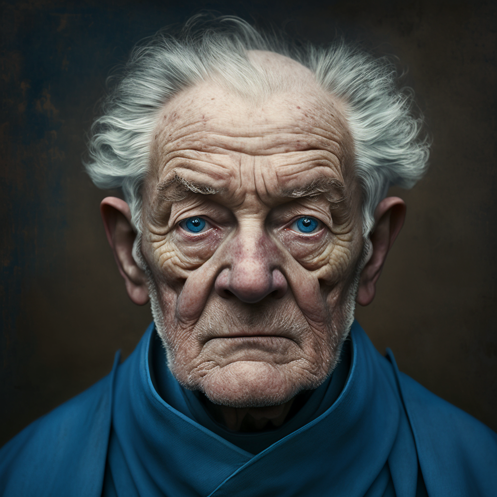 A 68-year-old priest with a solemn expression, dressed in blue robes. The portrait should capture a close-up of the priest's face, with the focus on his expressive eyes and the wrinkles and lines that indicate his age and wisdom. The photo should have a National Geographic-style feel to it, with a natural and authentic look that emphasizes the priest's character and personality. The photography should showcase the priest in a dignified and respectful manner, creating a powerful and impactful image