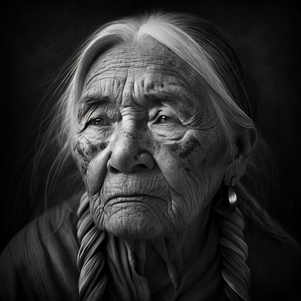 An ultra-realistic portrait of an old Native American woman, captured with a cinematic lighting technique. The photo should be an award-winning masterpiece, showcasing the intricate details of the woman's features and expressions. The portrait should be in black and white to emphasize the texture of the skin and wrinkles on the woman's face. The photo should be taken with an 80mm lens, allowing for a focused and sharp image that brings out the depth and character of the subject.