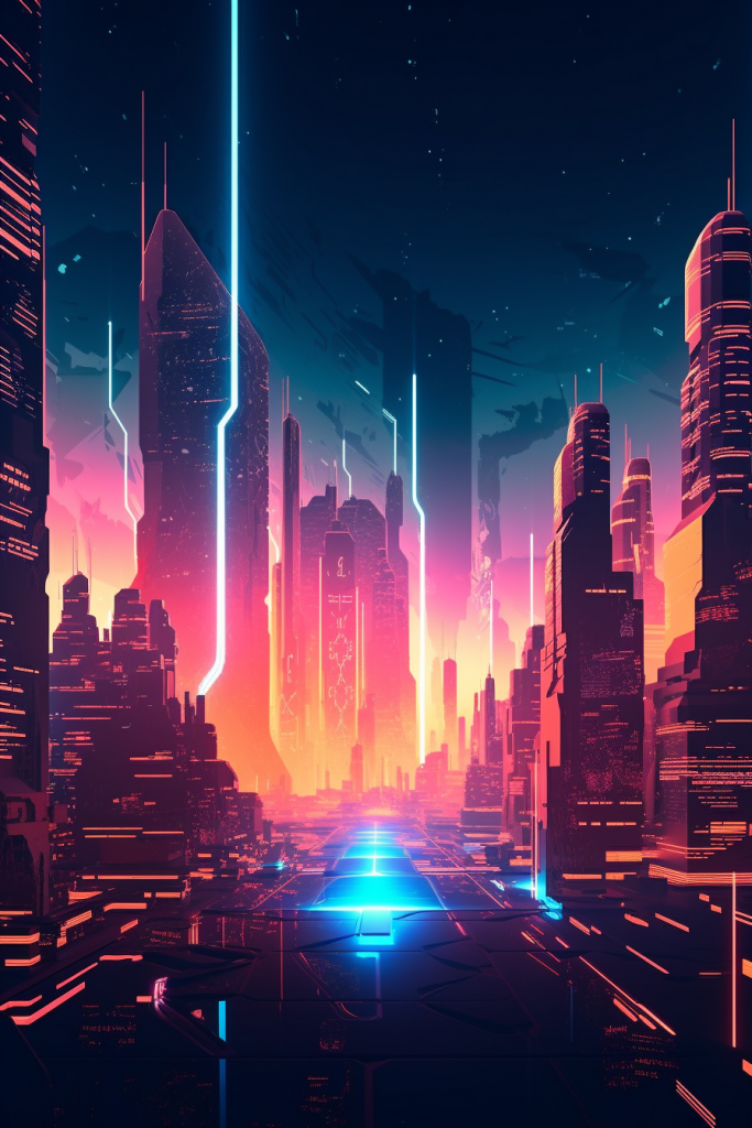 A futuristic city skyline with neon lights and towering skyscrapers, in style of a 1980 science fiction --ar 2:3