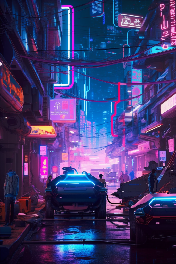 A vibrant and bustling cyberpunk city with neon signs and flying cars, in style of a 1980 science fiction --ar 2:3 --v 5