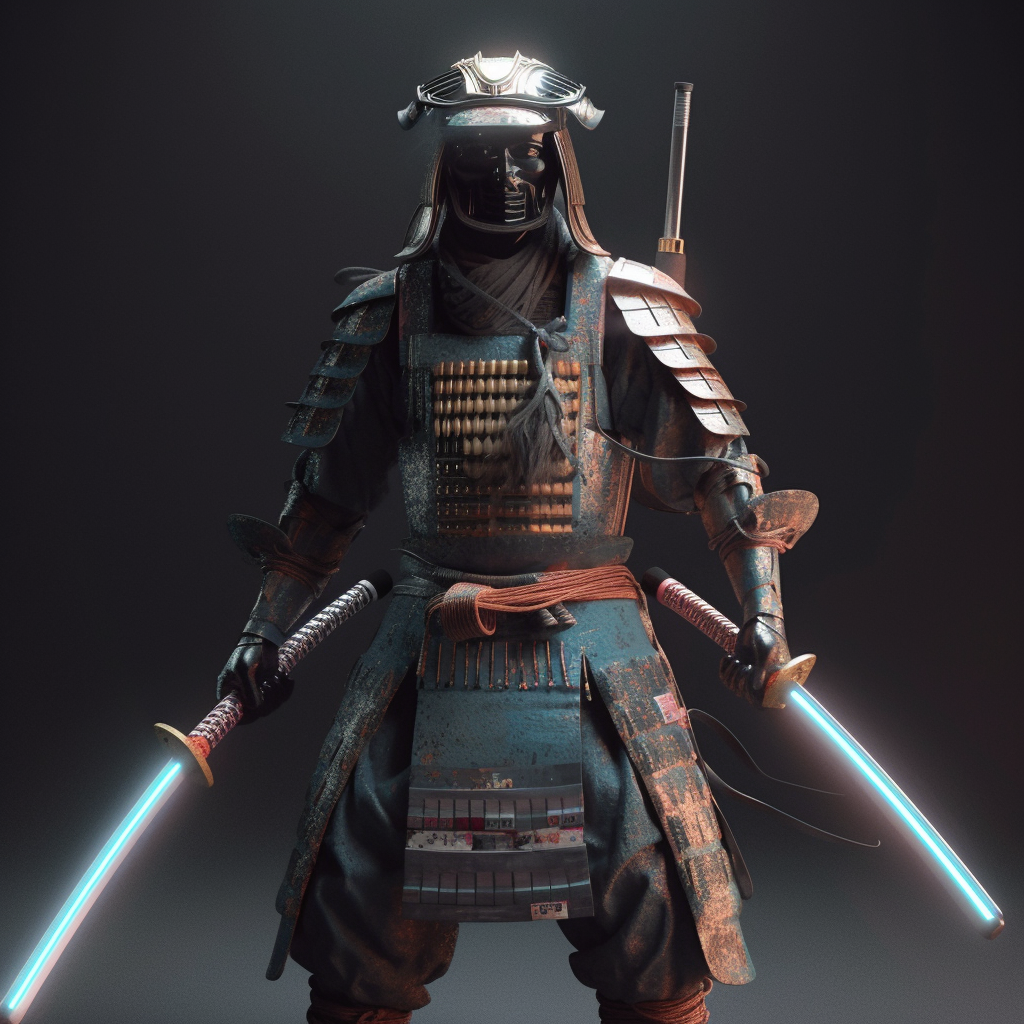 A samurai warrior outfitted with cybernetic enhancements and a katana sword,in style of a 1980 science fiction --ar 2:3 --v 5