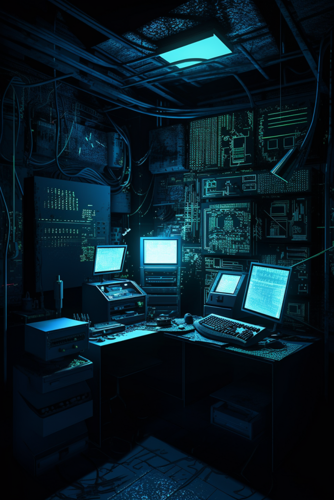 A dark and moody depiction of a hacker's lair, complete with computer screens and hacking tools, in style of a 1980 science fiction --ar 2:3 