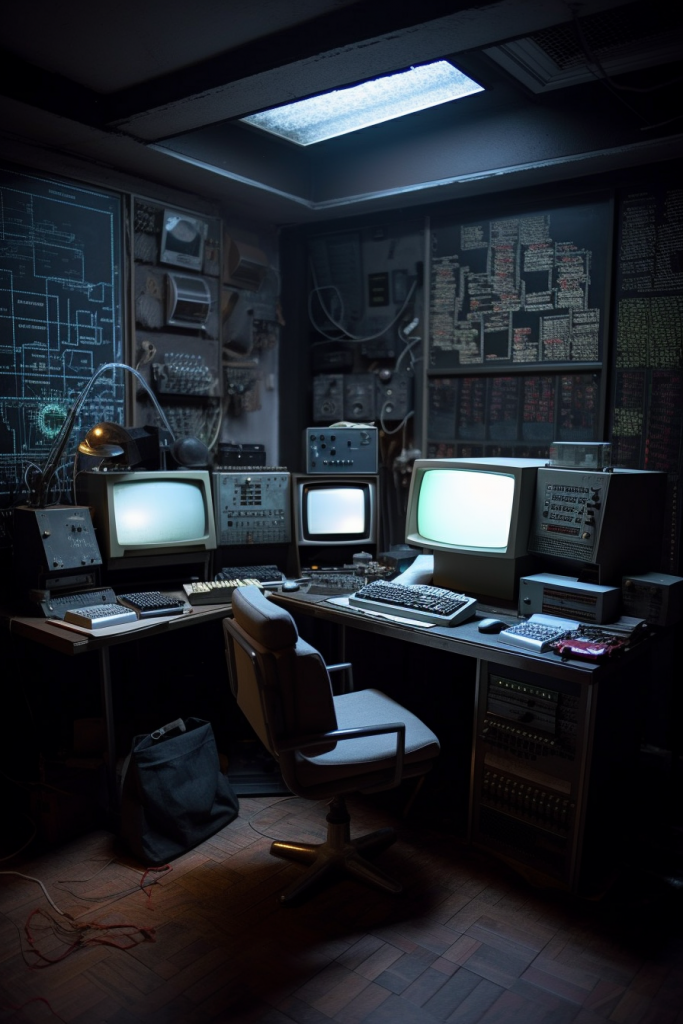 A dark and moody depiction of a hacker's lair, complete with computer screens and hacking tools, in style of a 1980 science fiction --ar 2:3