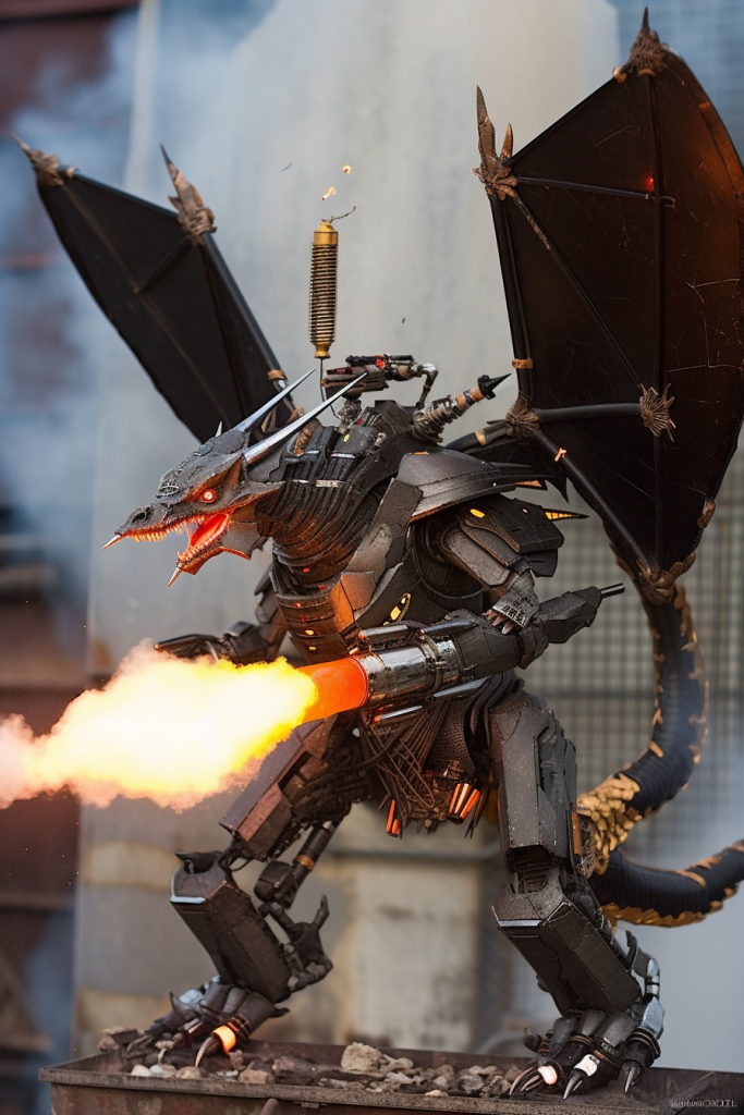 A robotic dragon breathing fire and ready to take flight. "Techno Assassin" - A stealthy assassin outfitted with high-tech gear and weaponry, in style of a 1980 science fiction --ar 2:3 --v 5