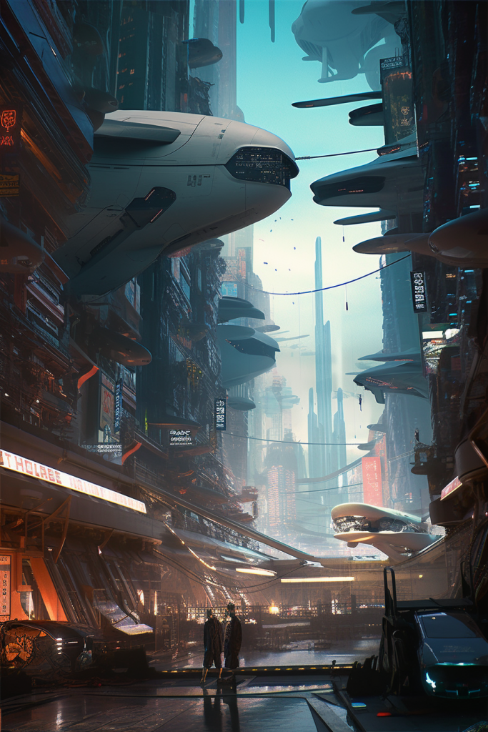 A blend of old-school and futuristic design elements in a bustling city, in style of a 1980 science fiction --ar 2:3 --v 5