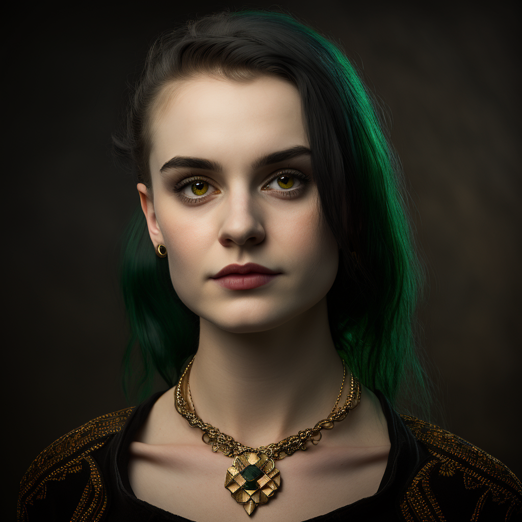 Studio portrait of a young, pale-skinned, goth female with piercing green eyes wearing a gold ankh necklace. She exudes a friendly, casual vibe while also being attractive and intricate in her gothic style. The photo is a curated collection piece with a femme fatale feel, shot using a Nikon camera. The dramatic lighting creates a breathtaking and outstanding effect, further enhanced by the photoshopped post-processing. The portrait is ultrarealistic, with an 8k high-resolution quality and sharp focus, making it an award-winning and groundbreaking piece in the LensCulture Portrait Awards. 