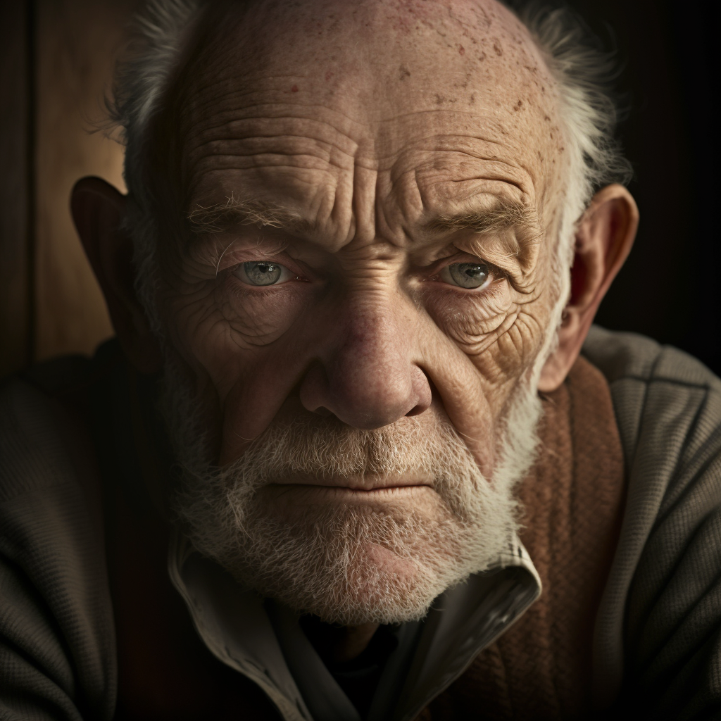 Close-up portrait photo of an elderly man, tears streaming down his wrinkled cheeks as he sits on a bed. He wears large gauges in his ears and his eyes are fixed on something in the distance, giving his expression a pensive quality. The photograph is captured using a 50mm lens, with hard rim lighting that emphasizes the contours of his face and adds depth to the image. The overall effect is emotive and powerful, drawing the viewer's eye to the subject's raw emotion and the intricate details of his face.