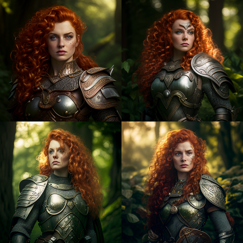 Full-length portrait photo of a fierce red-haired Amazon warrior, with curly locks flowing around her. She wears armor made of leather and metal, adorned with intricate carvings and feathers. The background is a lush, green forest with sunlight peeking through the trees, creating dramatic shadows on her face and body. The photo is highly detailed, with sharp focus and smooth textures, shot in 4K HDR resolution. It is an award-winning photo that showcases the beauty and strength of this warrior woman.