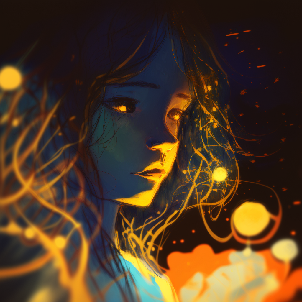 A portrait of a cute girl with a luminous dress, eyes shut, mouth closed, long hair, wind, sky, clouds, the moon, moonlight, stars, universe, fireflies, butterflies, lights, lens flares effects, swirly bokeh, brush effect, in a style reminiscent of dramatic video game character design, expressive abstract expressionism, and intricate line work and textures, created by a talented concept artist with a focus on celestial themes. The artwork is amazing, astonishing, wonderful, and beautiful, highly detailed, and centered.