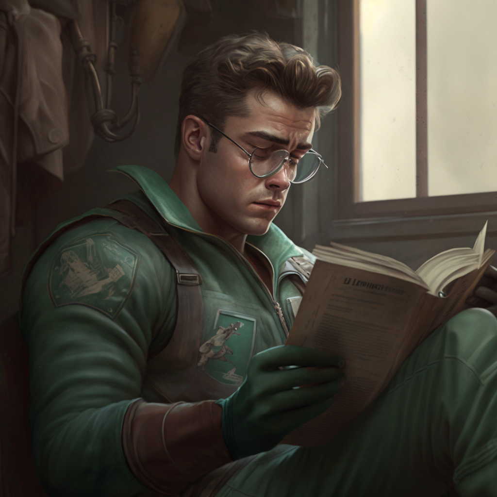 A highly-detailed epic cinematic concept art CG render digital painting artwork costume design: young James Dean as a well-kept neat mechanic in 1950s USSR green dungarees and big boots, reading a book. The artwork is in the style of hyper-realistic concept art, trending on ArtStation, with a subtle muted cinematic color palette, excellent composition, and dynamic dramatic cinematic lighting. The piece has an aesthetic quality and is very inspirational, evoking an arthouse style. It was created using software like Maya, Blender and Photoshop, with octane render