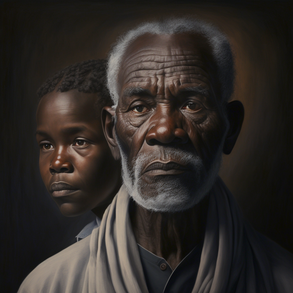 A hyper-realistic, dramatic painting of a stoic, elderly man with a clean-shaven face and minimal eyebrows, accompanied by his son from Kenya. The portrait is by an artist known for their ethereal lighting, detailed brushwork, and cinematic style. The piece is characterized by its sharp focus, realistic rendering, and use of dramatic angles. It has won numerous awards on ArtStation and was created using advanced techniques such as RGB and Unreal Engine, as well as programs like Maya, Blender, and Photoshop. The artist's use of cinematic lighting, macro shots, and depth of field blur adds to the piece's overall aesthetic and inspirational quality