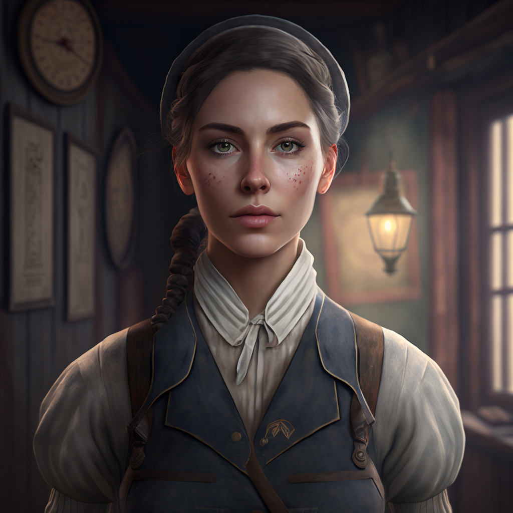 A portrait of a stunning young woman in a vintage cotton mill worker outfit, with symmetrical features and a dramatic angle. The artwork is ornate with intricate details, rendered smoothly and with sharp focus. The overall style is cinematic and realistic, with a focus on lighting and atmosphere. The artwork has won awards on Artstation and was made using Maya, Blender, and Photoshop, with the Octane render engine. The composition is excellent and the lighting is dynamic and dramatic. The piece is highly detailed with a macro focus and depth of field effect, and the background features a red light and clouds for added visual interest. The artwork is very inspirational and has an arthouse feel