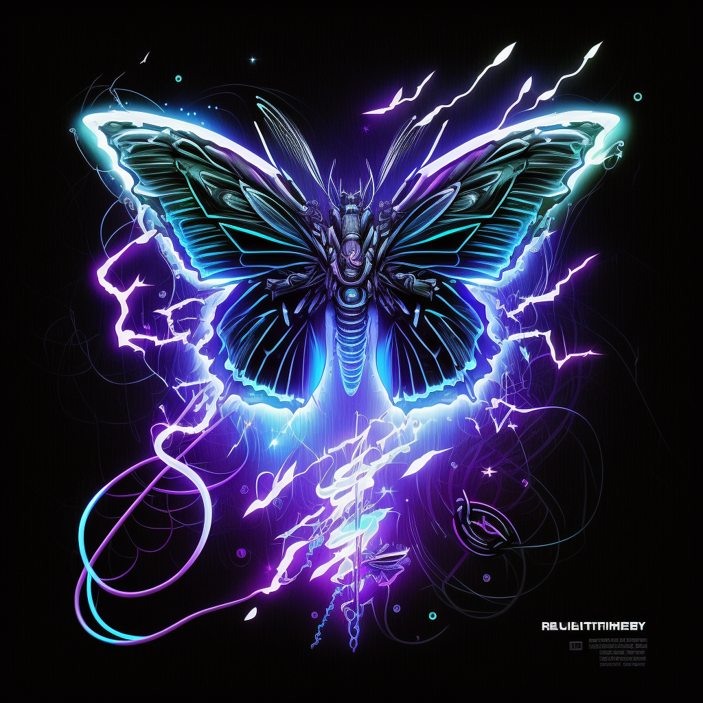 "Butterfly Effect" - Futuristic, Sci-Fi, Neon lighting T-shirt design graphic, vector, contour, white background