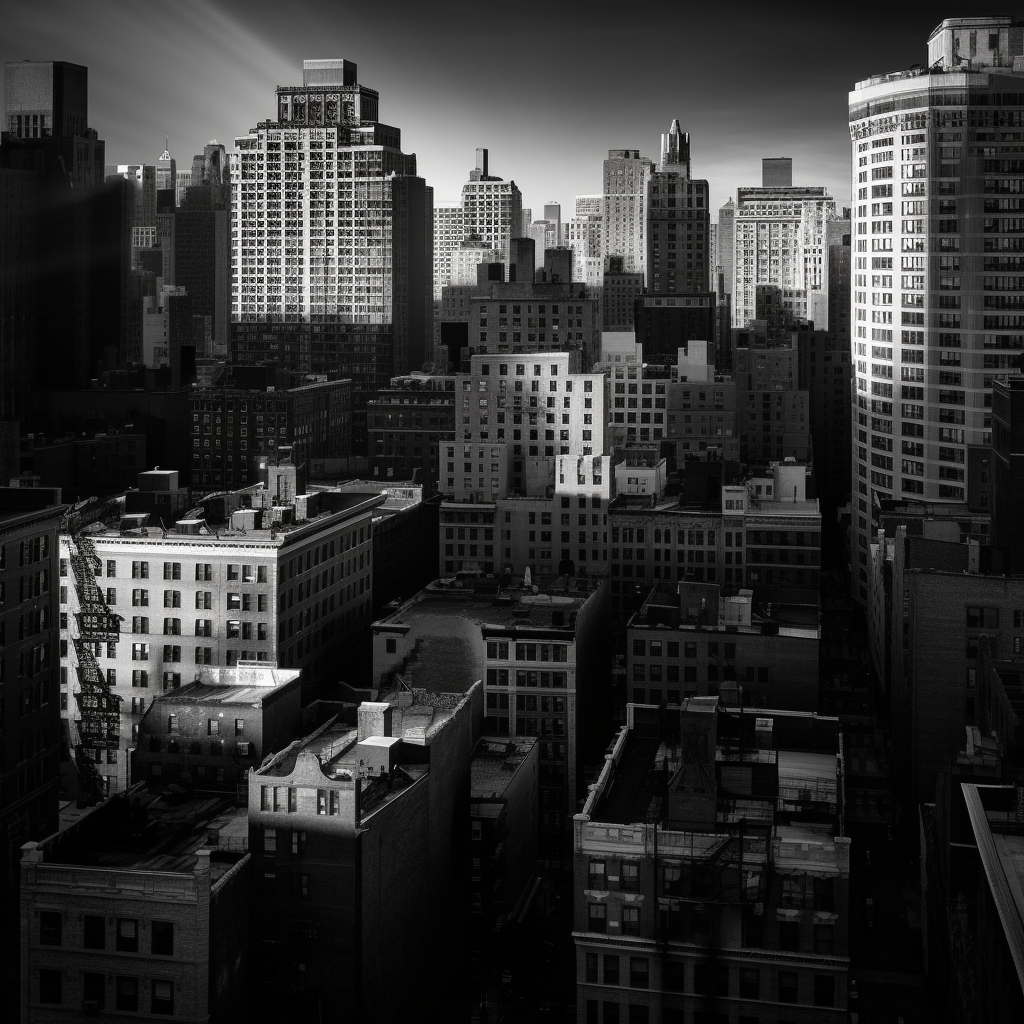 Prompt: The cityscape has a cinematic quality that is reminiscent of classic film noir. The black and white tones create a sense of mystery and intrigue, while the shapes and shadows of the buildings add to the drama of the image, realistic photo, black and white photography, photograph with mid size camera, by ansel adam