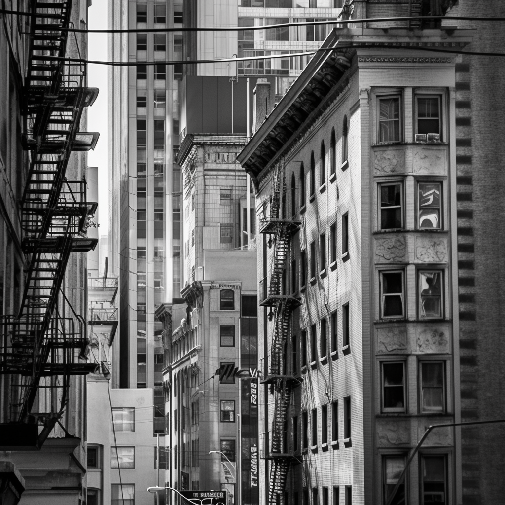 The cityscape image captures the essence of urban life in black and white, with a keen attention to detail and composition. The sharp lines and intricate textures of the buildings give the image a sense of order and balance, real photo, black and white photography, photograph with mid size camera, by ansel adams --v 5 
