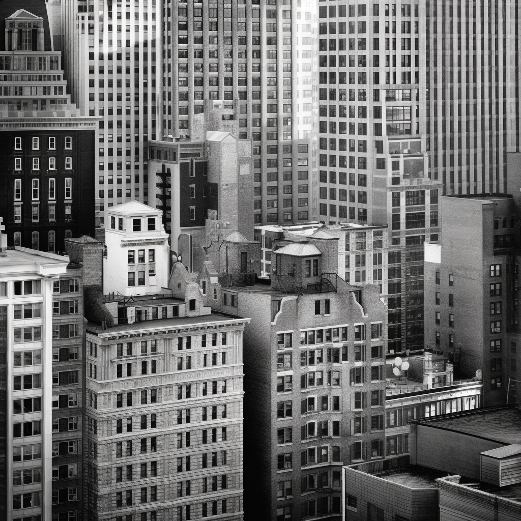 The cityscape image captures the essence of urban life in black and white, with a keen attention to detail and composition. The sharp lines and intricate textures of the buildings give the image a sense of order and balance, real photo, black and white photography, photograph with mid size camera, by ansel adams