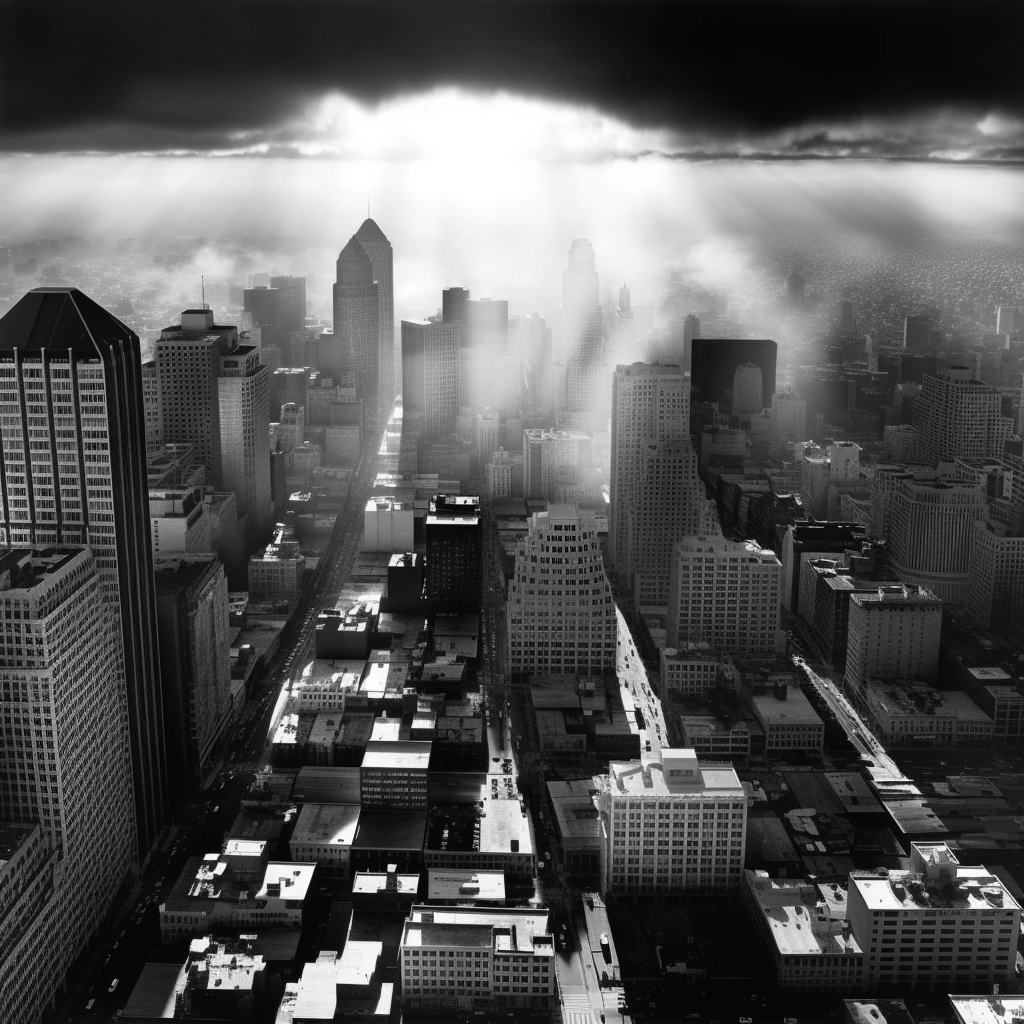 The cityscape image is a testament to the beauty and elegance of monochrome photography. The high contrast between light and dark creates a sense of drama and tension in the image, real photo, black and white photography, photograph with mid size camera, by ansel adam