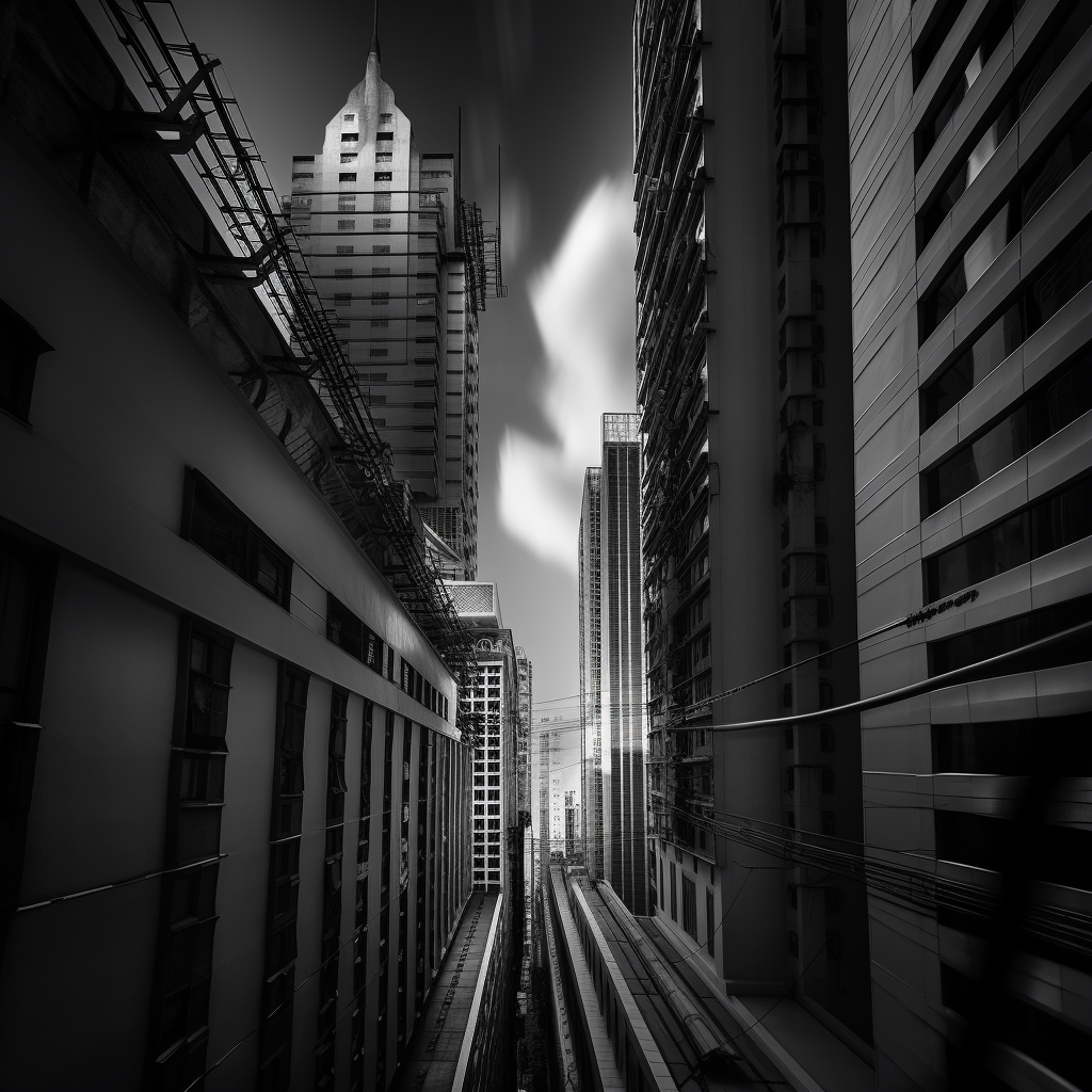 cityscape is a study in composition, with a careful attention to the shapes and lines of the buildings. The image feels balanced and harmonious, with every element carefully placed, eal photo, black and white photography, photograph with mid size camera, by TUGO CHENG 