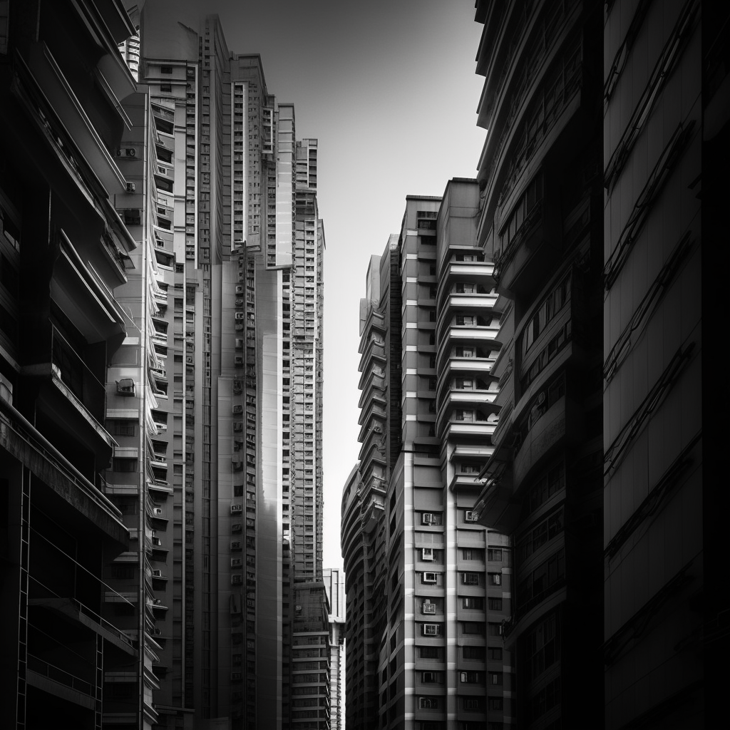 cityscape is a study in composition, with a careful attention to the shapes and lines of the buildings. The image feels balanced and harmonious, with every element carefully placed, eal photo, black and white photography, photograph with mid size camera, by TUGO CHENG