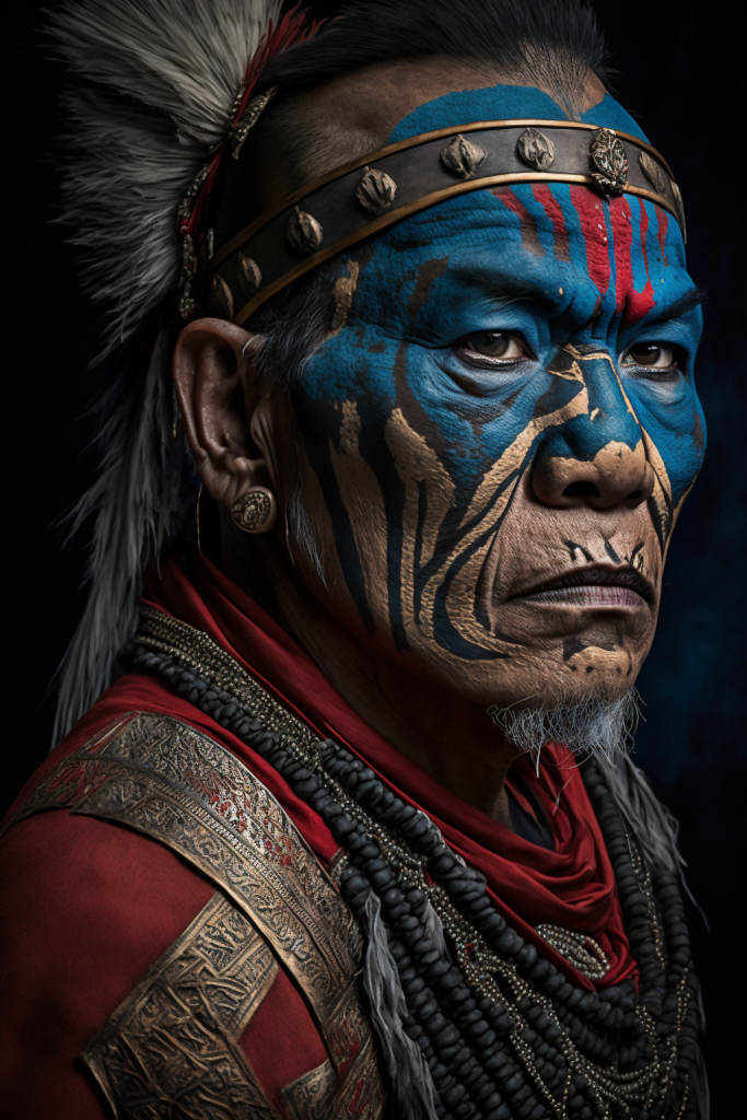 image of an old Asian warrior chief with tribal panther-style makeup, featuring the colors blue on red. The portrait should be a side profile with the chief looking away, displaying a serious gaze. Use a 50mm portrait photography lens with hard rim lighting photography-beta. The image should reflect a particular art style. --ar 2:3