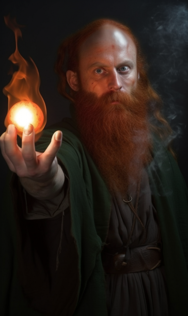five fingers holding a fireball ::2 , full character study, realistic fantasic character from a movie like lord of the rings, a mage, race is darf, with long red beard and green eyes, holding a fireball in his right hand, perfect right hand, and a magic wand in his left hand, some darf mines in the background --ar 9:15 --v 5 --seed 709616509