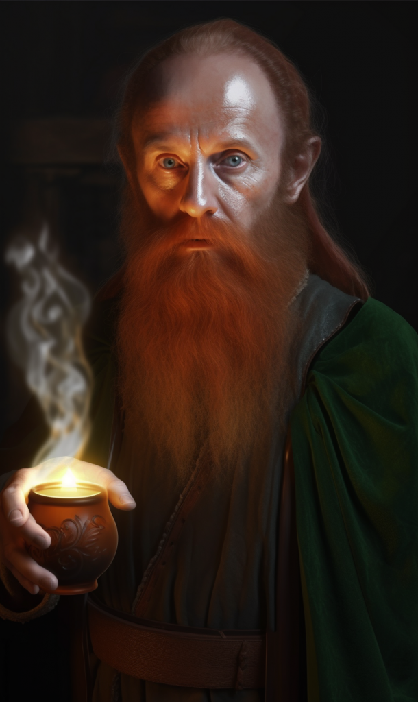 https://s.mj.run/9tvkOqDmxco full character study, realistic fantasic character from a movie like lord of the rings, a mage, race is darf, with long red beard and green eyes, drinking some beer, a pub in background --ar 9:15 