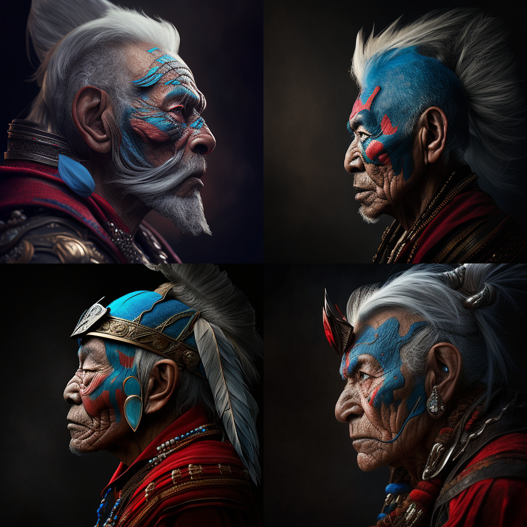 Elderly Asian warrior chief with blue and red tribal panther makeup, side profile, serious eyes, 50mm portrait photography, hard rim lighting photography–beta.