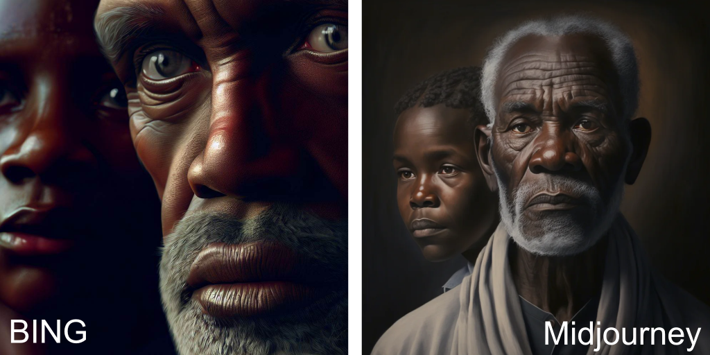 A hyper-realistic, dramatic painting of a stoic, elderly man with a clean-shaven face and minimal eyebrows, accompanied by his son from Kenya. The portrait is by an artist known for their ethereal lighting, detailed brushwork, and cinematic style. The piece is characterized by its sharp focus, realistic rendering, and use of dramatic angles. It has won numerous awards on ArtStation and was created using advanced techniques such as RGB and Unreal Engine, as well as programs like Maya, Blender, and Photoshop. The artist’s use of cinematic lighting, macro shots, and depth of field blur adds to the piece’s overall aesthetic and inspirational quality