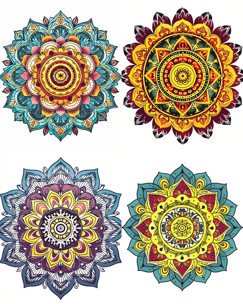 T shirt design vector featuring a colorful mandala graphic with intricate details and bold, contrasting colors, t shirt design, vector, contour, white background —no t-shirt --ar 4:5.