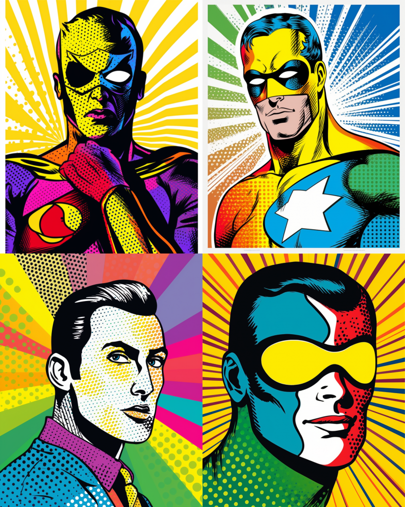  T shirt design vector showcasing a pop art-style graphic of a comic book superhero in bright, bold colors with halftone dots, t shirt design, vector, contour, white background —no t-shirt --ar 4:5 --v 5