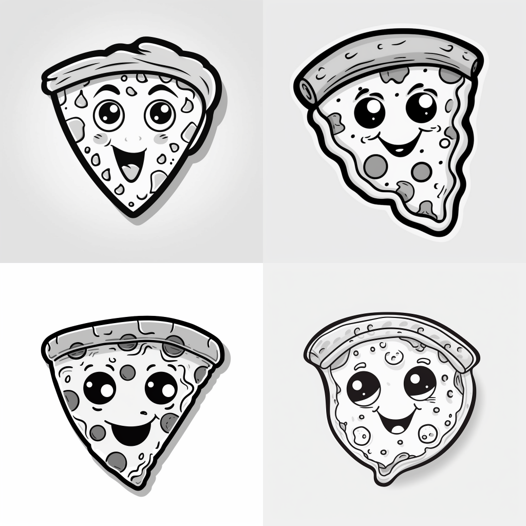/imagine prompt:cool pizza, Sticker, Happy, Monochrome, Kawaii, Contour, Vector, White Background, Detailed