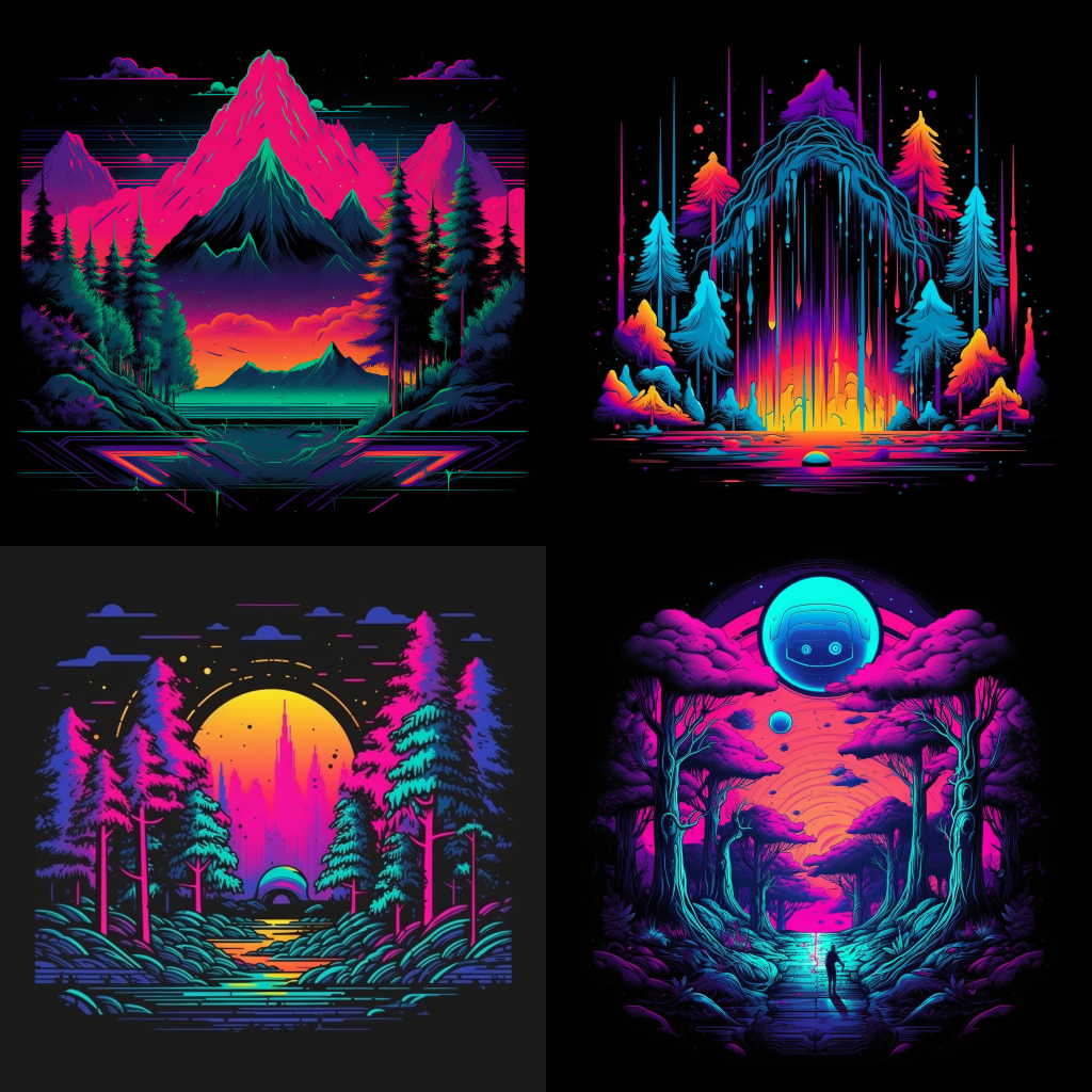 /imagine prompt:tshirt vector, Witty Forest graphic, synthwave, vivid colors, detailed