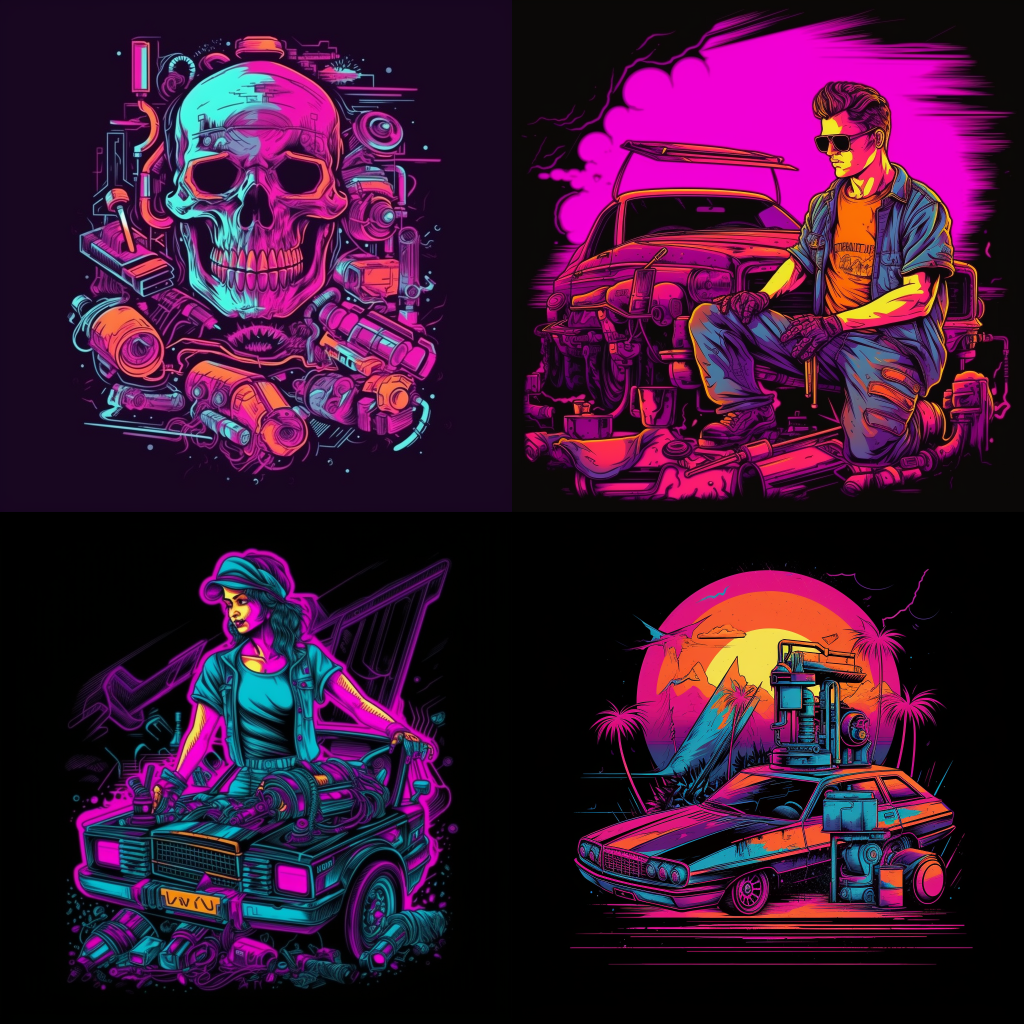 /imagine prompt:tshirt vector, Mechanic graphic, synthwave, vivid colors, detailed