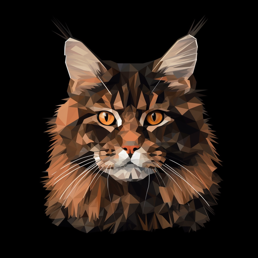 cute main coon cat, low polygon art, rendered by blender, vector design ,professional shirt design, black background --v 5