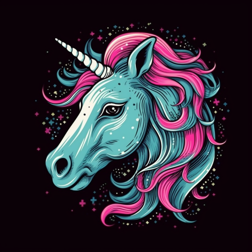/imagine prompt cute unicorn, in the style of colorful fantasy realism, light cyan and pink, vector design ,professional shirt design, black background --v 5