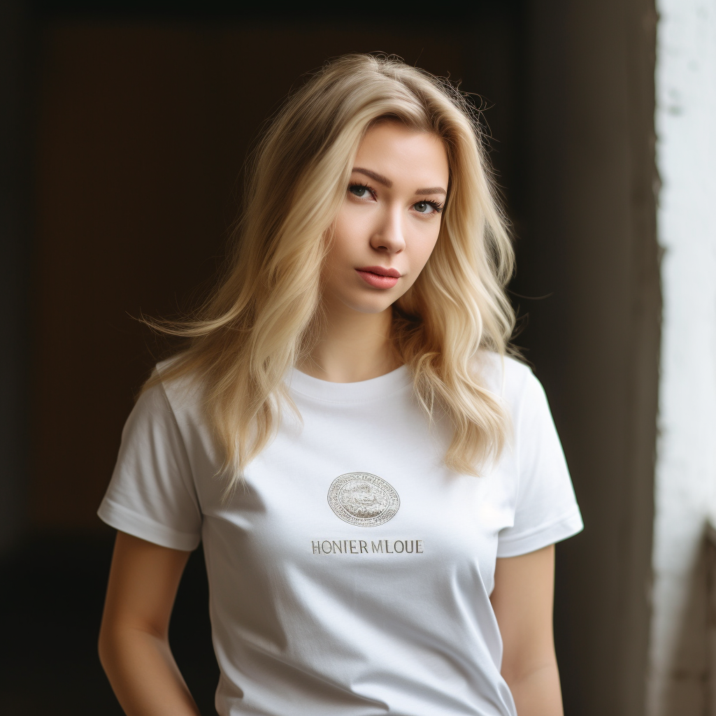 /imagine prompt  Bella Canvas 3001 Model Mockup, Bella Canvas T Shirt, very detailed white T Shirt Mockup, young women with blond hair, realistic photo, award winning photo national geographic, 50mm f1.2