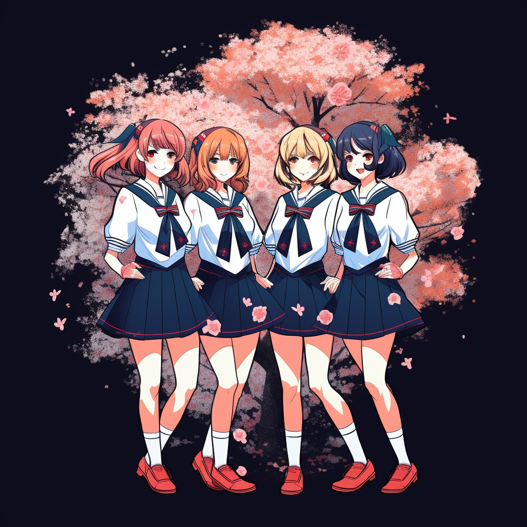 /imagine anime style, A group of schoolgirls dressed in colorful sailor uniforms, standing in front of a cherry blossom tree in full bloom, , vector design, professional t-shirt design, black background