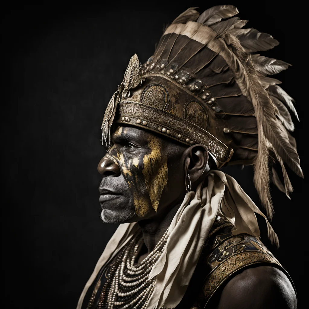 African warrior chief in their advanced age, adorned with tribal panther makeup in gold and white. The portrait should depict a side profile of the chief, with a strong and serious expression captured in their eyes. The photo should be taken using 50mm portrait photography, with hard rim lighting photography–beta used to bring out the contours of the chief's features and create a sense of depth in the image