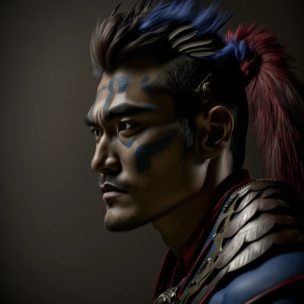 Medium shot side profile portrait of a fictional warrior chief named Takeshi Kaneshiro with blue and red tribal panther makeup, looking away, serious eyes, 50mm portrait photography, hard rim lighting photography