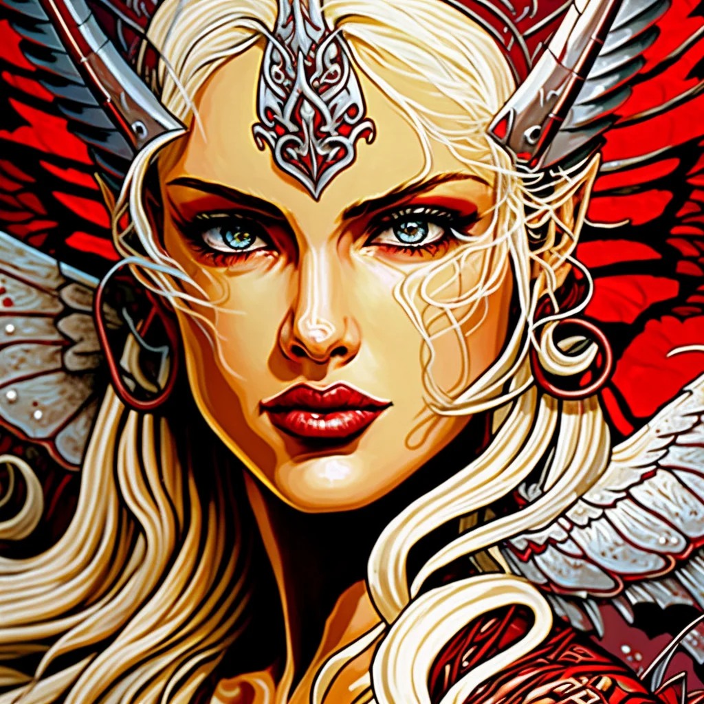 ery complex hyper-maximalist overdetailed cinematic tribal fantasy closeup macro portrait of a heavenly beautiful young royal dragon queen with long platinum blonde windblown hair and dragon scale wings, Magic the gathering, pale wet skin and dark eyes and red lipstick, flirting smiling passion vibrant high contrast, by artists known for their hyper-realistic and fantastical art styles, with influences from Moebius, Arney Freytag, and Diesel punk. The portrait is part of a fashion photo shoot, featuring glamorous poses and dramatic lighting with elements of ice, fire, smoke, and Orthodox symbolism. It is trending on ArtStation and Deviant-art, and is shot in a professional photo studio with backlit and rim lighting techniques. The photo has an ominous, intricate feel and features tattoos. The high-resolution image has a resolution of 8k. 