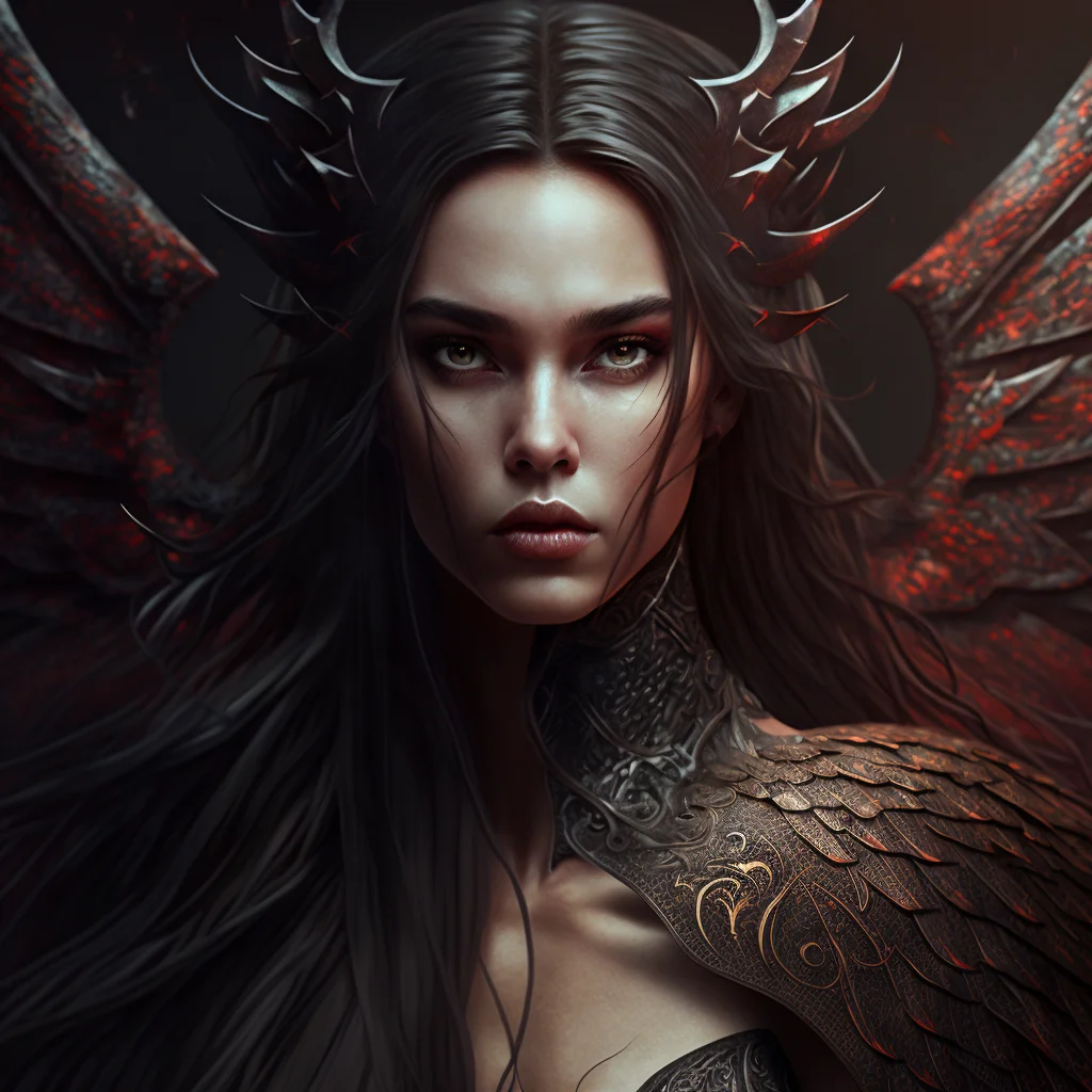 A hyper-detailed, cinematic, and tribal-inspired close-up portrait of a stunning young queen with long, black windblown hair and dragon-scale wings. The portrait is set in a dark fantasy realm, and the queen's pale skin and dark eyes contrast dramatically with the vibrant, high-contrast setting. Her confident and beautiful expression suggests a dangerous and alluring personality, while her gothic style and intricate dragon-inspired details add to the ominous and mystical atmosphere. The overall effect is a breathtaking and visually stunning piece of art, evoking the mystical and dark aspects of fantasy worlds.
